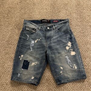 Ecko Unltd Mens Relaxed Fit Blue Denim Shorts Size 32 Distressed Paint Splatter